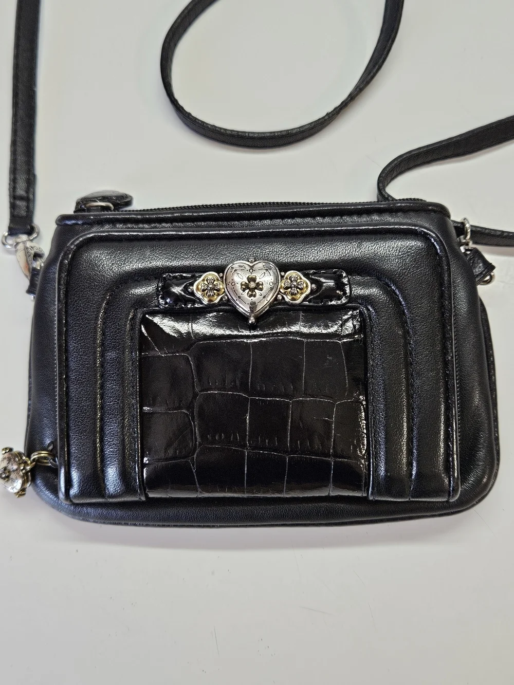 Brighton Mini Black Leather Silver Tone Hearts Crossbody Purse Bag